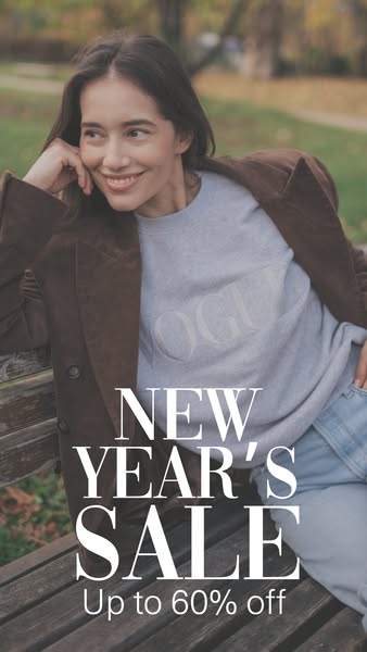 This image ad promotes a New Year's sale, offering up to 60% off. The ad features a woman sitting on a bench wearing
