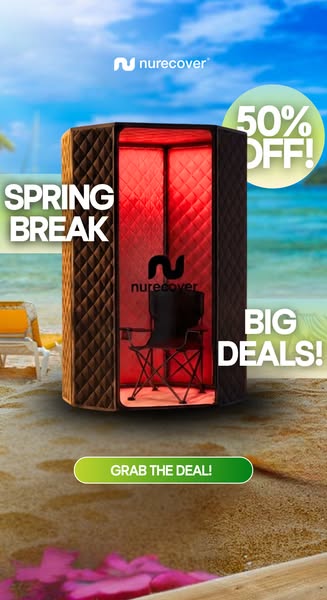 This image ad promotes NURECOVER's portable sauna during a spring break sale, emphasizing a 50% discount and 'Bi