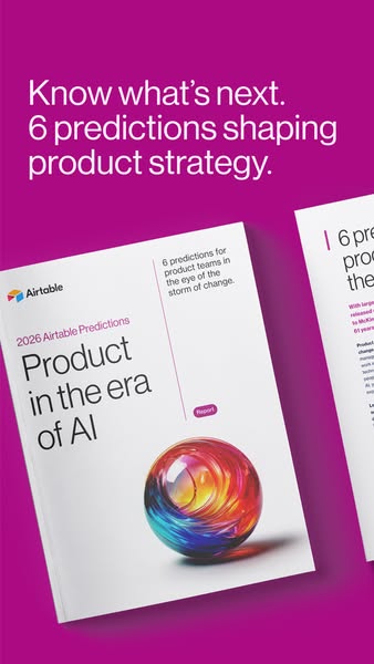 This image ad for Airtable promotes a report on 6 predictions shaping product strategy.