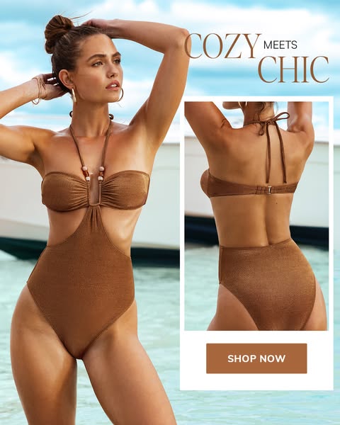 This image ad showcases a woman wearing a brown one-piece swimsuit. The ad uses the text "COZY MEETS CHIC" to 
