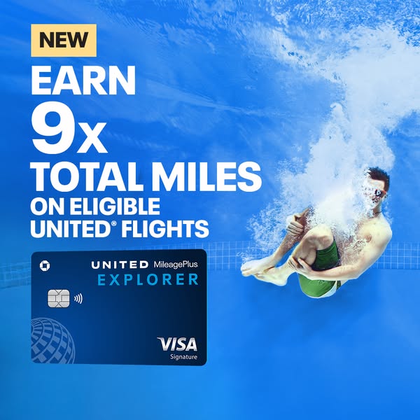 Ad for the United MileagePlus Explorer card that promotes an offer of earning 9x total miles on eligible United flights.