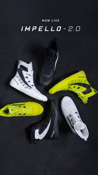 The ad showcases BOXRAW Impello 2.0 boxing shoes, highlighting their design and availability.
