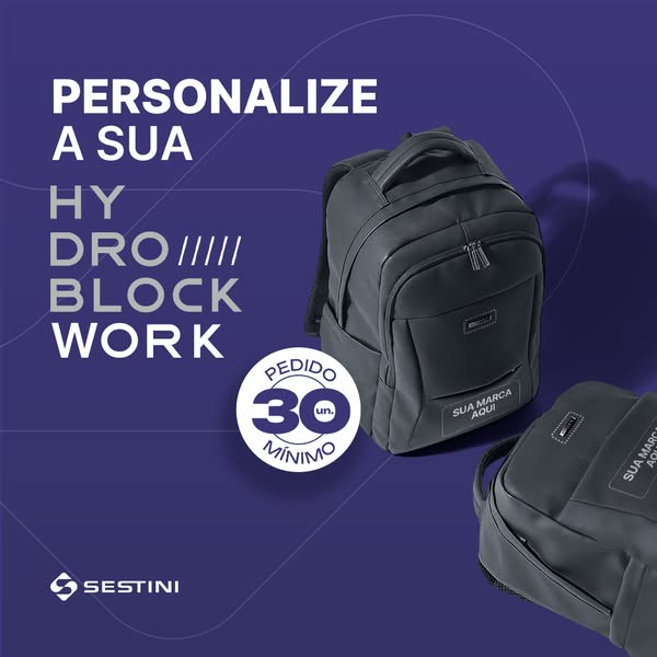 This ad promotes the Sestini brand's Hydro Block Work backpack, emphasizing its personalization options and suitabil