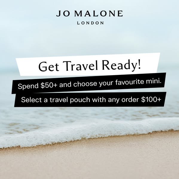 This image ad by Jo Malone London promotes travel-sized products with a call to action to spend $50 or more to receive a