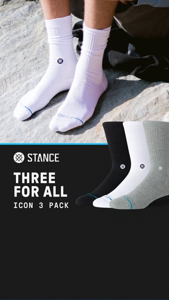 This ad for Stance socks features a close-up shot of a person wearing white Stance socks, with a 3-pack of socks in blac