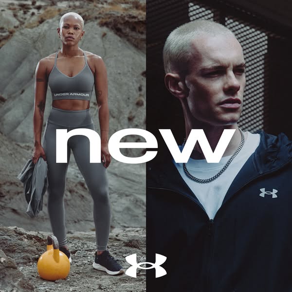 This image ad split screen features two people in Under Armour athletic wear with a large white 'new' announceme