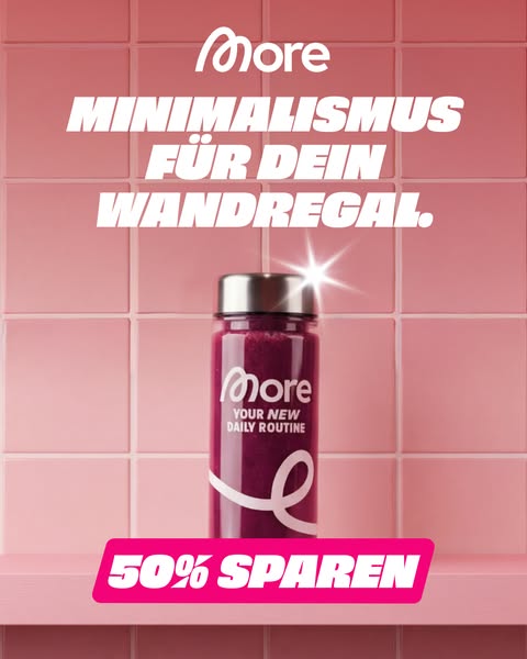 This image ad for More Nutrition features a bottle of their product on a pink tiled shelf. The ad highlights the product