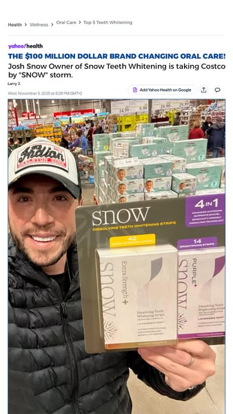 This ad features a screenshot of a Yahoo Health article about Snow Teeth Whitening. The article highlights the brand'