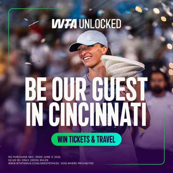 This ad is for a sweepstakes to win tickets and travel to Cincinnati to see the WTA. The ad shows a smiling tennis playe