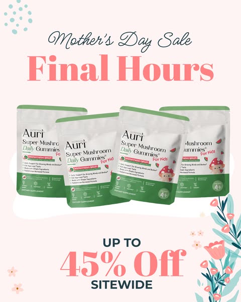 An image ad for Auri brand mushroom gummies featuring a Mother's Day sale.