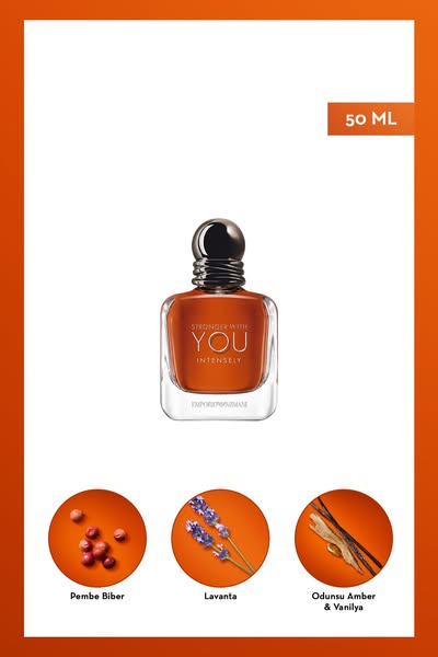 This ad features a bottle of Emporio Armani's Stronger With You Intensely fragrance, highlighting its key scent note