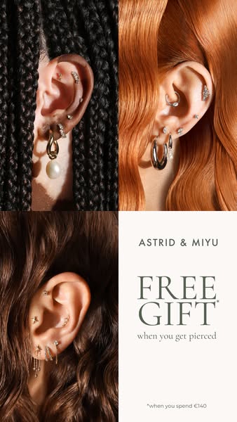 This image ad by Astrid & Miyu highlights their piercing services by offering a free gift with any piercing service,