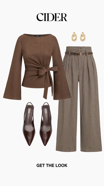 This ad showcases a curated outfit from Cider, featuring a brown tie-front top, plaid pants, brown heels, and gold earri