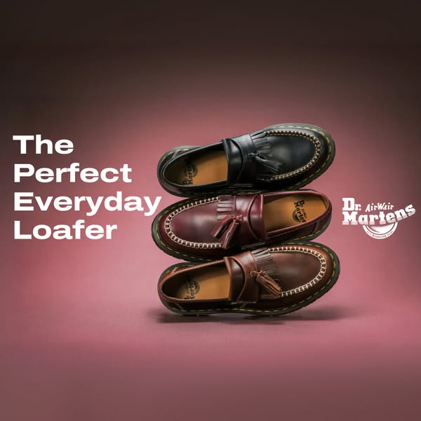 This ad features a stack of Dr. Martens loafers and a headline promoting them as 'the perfect everyday loafer'.