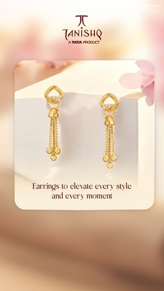 This ad showcases a pair of gold earrings from Tanishq, emphasizing their ability to elevate any style and moment. The a