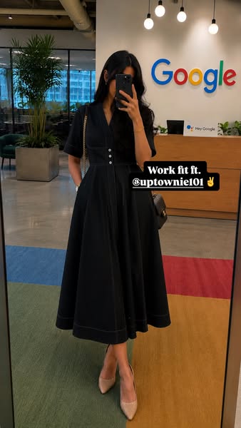 This ad showcases a woman in a fashionable dress, possibly targeting professionals or fashion enthusiasts looking for wo