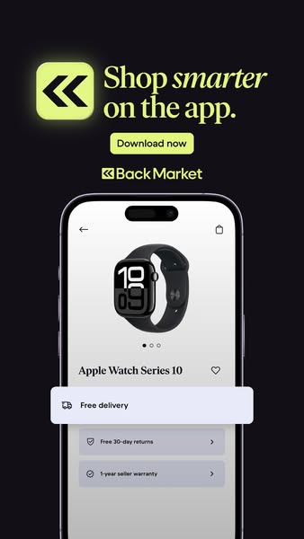 This ad promotes the Back Market app, which offers refurbished electronics. The ad features an Apple Watch Series 10 ava