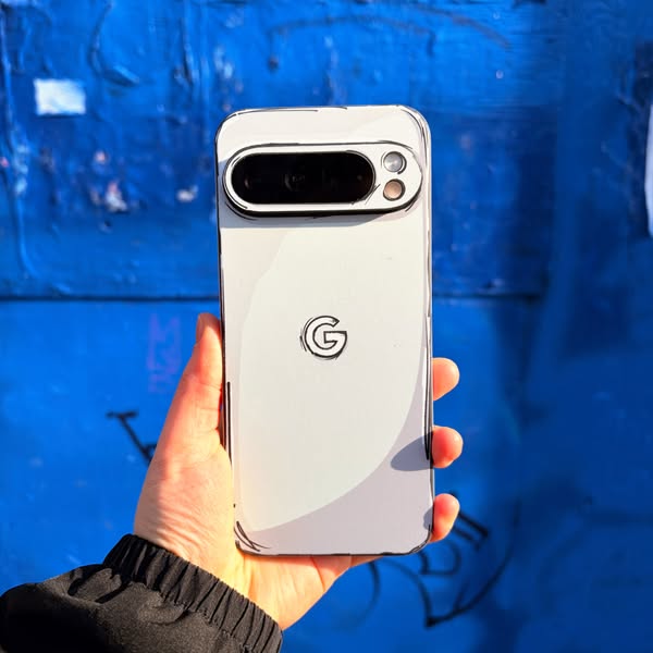 This ad features a hand holding a Google Pixel phone with a cartoon-style filter applied. The background is a blue wall 