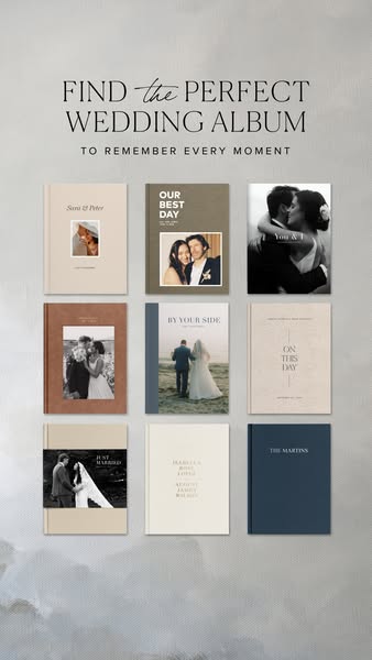 This image ad displays a variety of wedding album designs in a catalog format, inviting viewers to find the perfect albu