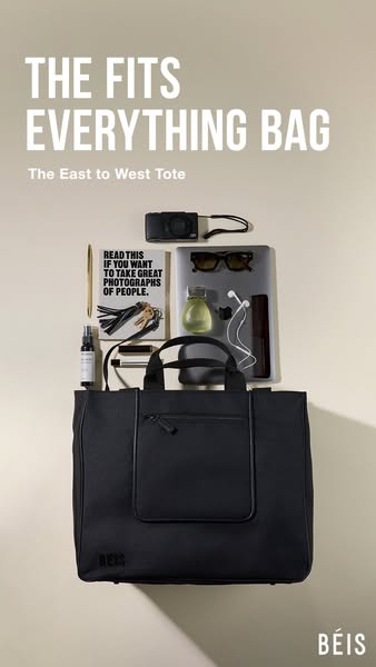 This ad showcases the BÉIS 'East to West Tote' using a flatlay arrangement to highlight its generous size and ve