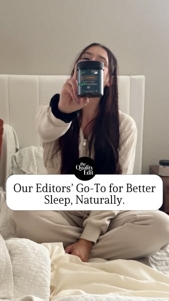 This image ad showcases a woman in bed holding a container of The Quality Edit product. The ad highlights that it is the