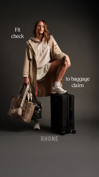 This image shows a woman posing with Rhone luggage and bags while referencing the phrase 'Fit check to baggage claim