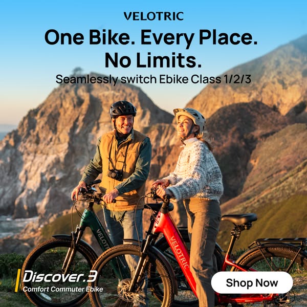 This image ad for Velotric features a couple riding their ebikes on a scenic coastal path. The ad emphasizes the versati