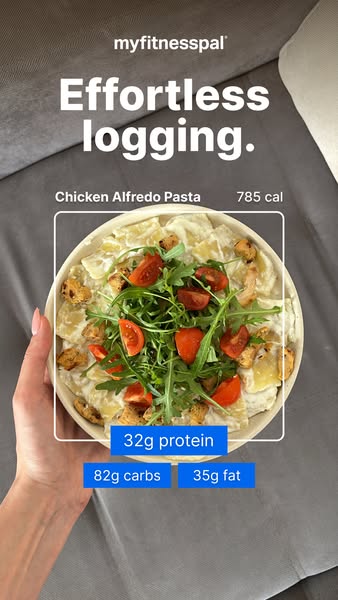 This ad for MyFitnessPal highlights the ease of logging meals with the app, using a photo of chicken alfredo pasta as an