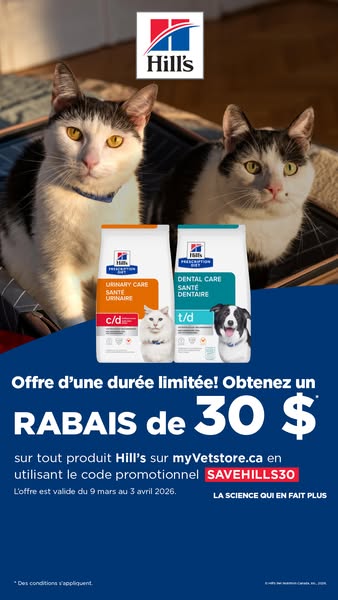This image ad promotes Hill's brand pet food with a limited-time offer for $30 off all Hill's products at myVets