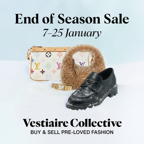 This ad for Vestiaire Collective announces an end of season sale from January 7-25, showcasing luxury fashion items like