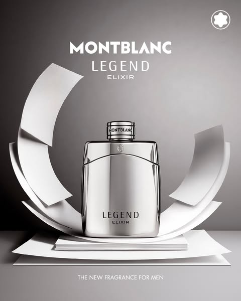 This image ad showcases Montblanc's Legend Elixir fragrance for men, emphasizing its luxury and timeless appeal thro