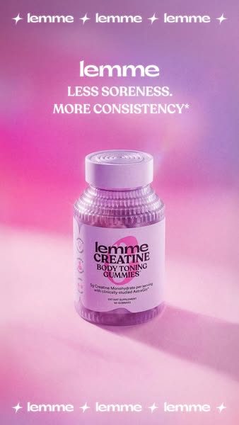 This image ad for Lemme Creatine Body Toning Gummies highlights the benefits of less soreness and more consistency. The