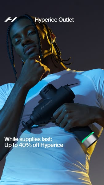 This ad for Hyperice features a man holding a Hypervolt massage gun and promotes a limited-time discount of up to 40% of