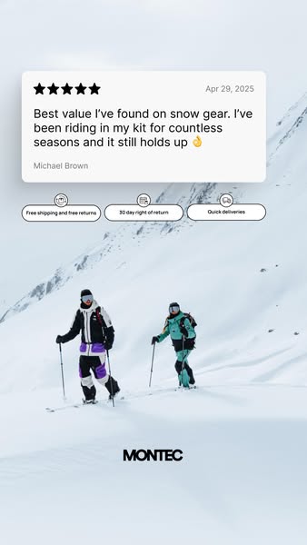 This image ad uses a customer testimonial to promote Montec's snow gear. The ad features a high rating and positive 