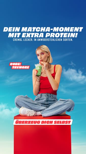 This ad promotes a matcha-flavored protein drink. It features a woman drinking the product and includes a discount code.