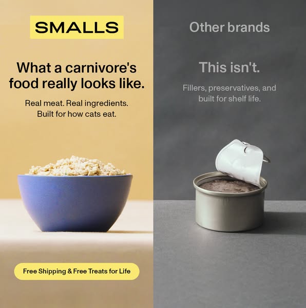 This image ad compares Smalls cat food to other cat food brands. The ad claims that Smalls is made of real meat and real