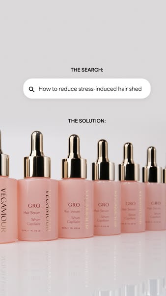 This ad highlights a problem, stress-induced hair shed, and offers a solution: Vegamour GRO Hair Serum.