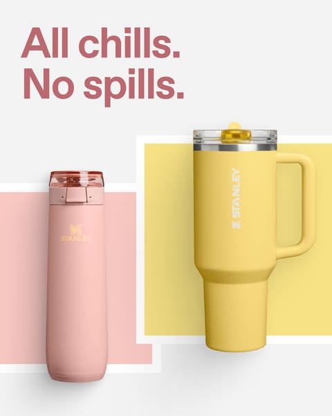 This ad showcases two Stanley brand tumblers of different styles and colors, set against a clean, geometric background.