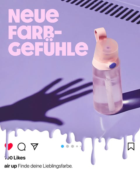The ad features an air up water bottle in an aesthetic flatlay image. The ad's focal point is a light purple-pink wa