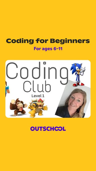 This image ad for Outschool promotes a coding club for children ages 6-11. The ad features cartoon characters and a teac