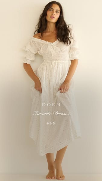 This ad showcases Doen's dress collection, highlighting a single white dress worn by a model in a natural setting. T
