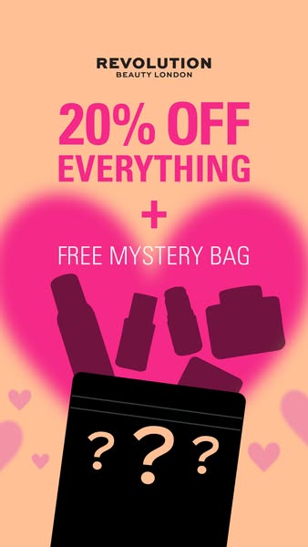 The ad is for Revolution Beauty London advertising 20% off everything plus a free mystery bag.
