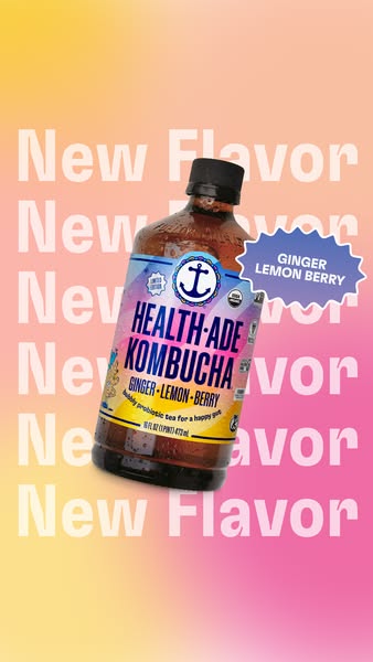This ad features a bottle of Health-Ade Kombucha in the new Ginger Lemon Berry flavor. The image utilizes a colorful bac