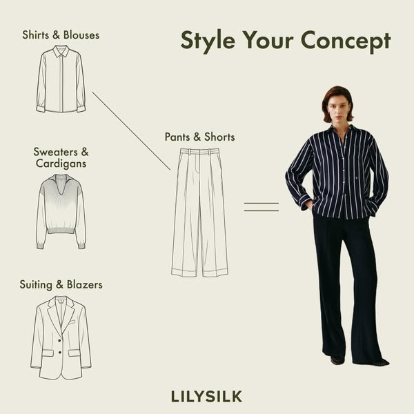 This ad presents a style guide for the brand LILYSILK, showcasing how to combine different clothing items to create a co