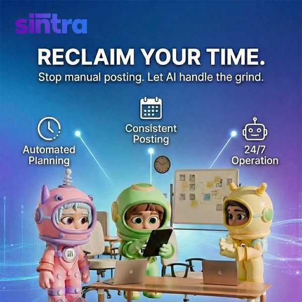 The image ad promotes Sintra's AI-powered social media automation service. It highlights the benefits of reclaiming 