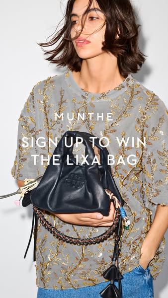 An image ad promoting a sweepstakes to win a Munthe Lixa bag. The image features a model holding the bag in front of her