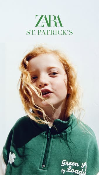 This image ad for ZARA promotes apparel for St. Patrick's Day. The ad features a close-up of a young girl wearing a 