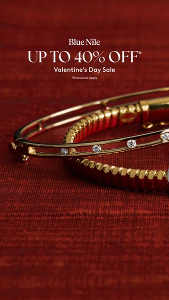 This ad promotes Blue Nile's Valentine's Day sale, offering up to 40% off with exclusions applying. The ad featu