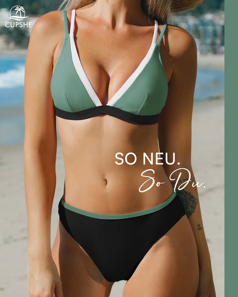This image ad showcases a woman wearing a Cupshe bikini on a beach. The ad uses the headline "SO NEU. SO DU." 