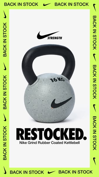 This ad promotes the Nike Grind Rubber Coated Kettlebell, highlighting its restocked status. The visual style is clean a